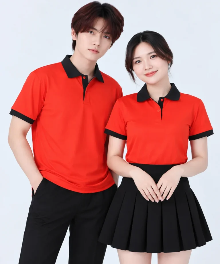 Áo polo may sẵn màu cam phối đen