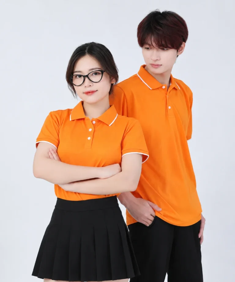 Áo polo may sẵn màu cam viền trắng