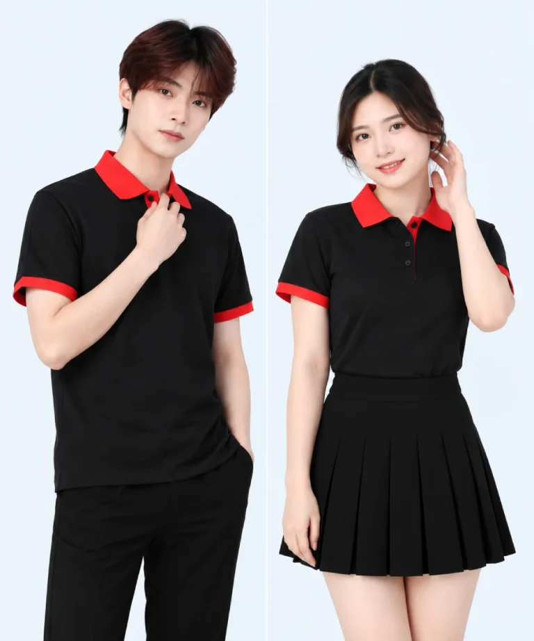 Áo polo may sẵn màu đen phối đỏ
