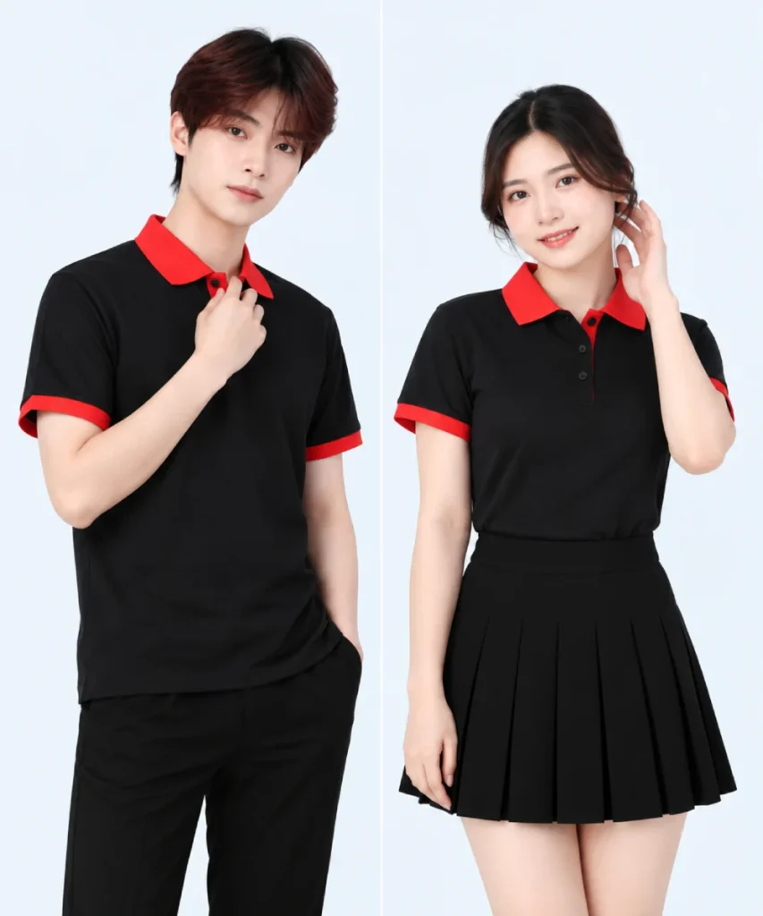 Áo polo may sẵn màu đen phối đỏ