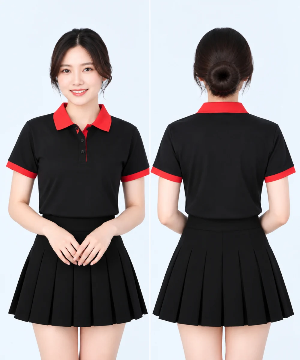 Áo polo may sẵn màu đen phối đỏ