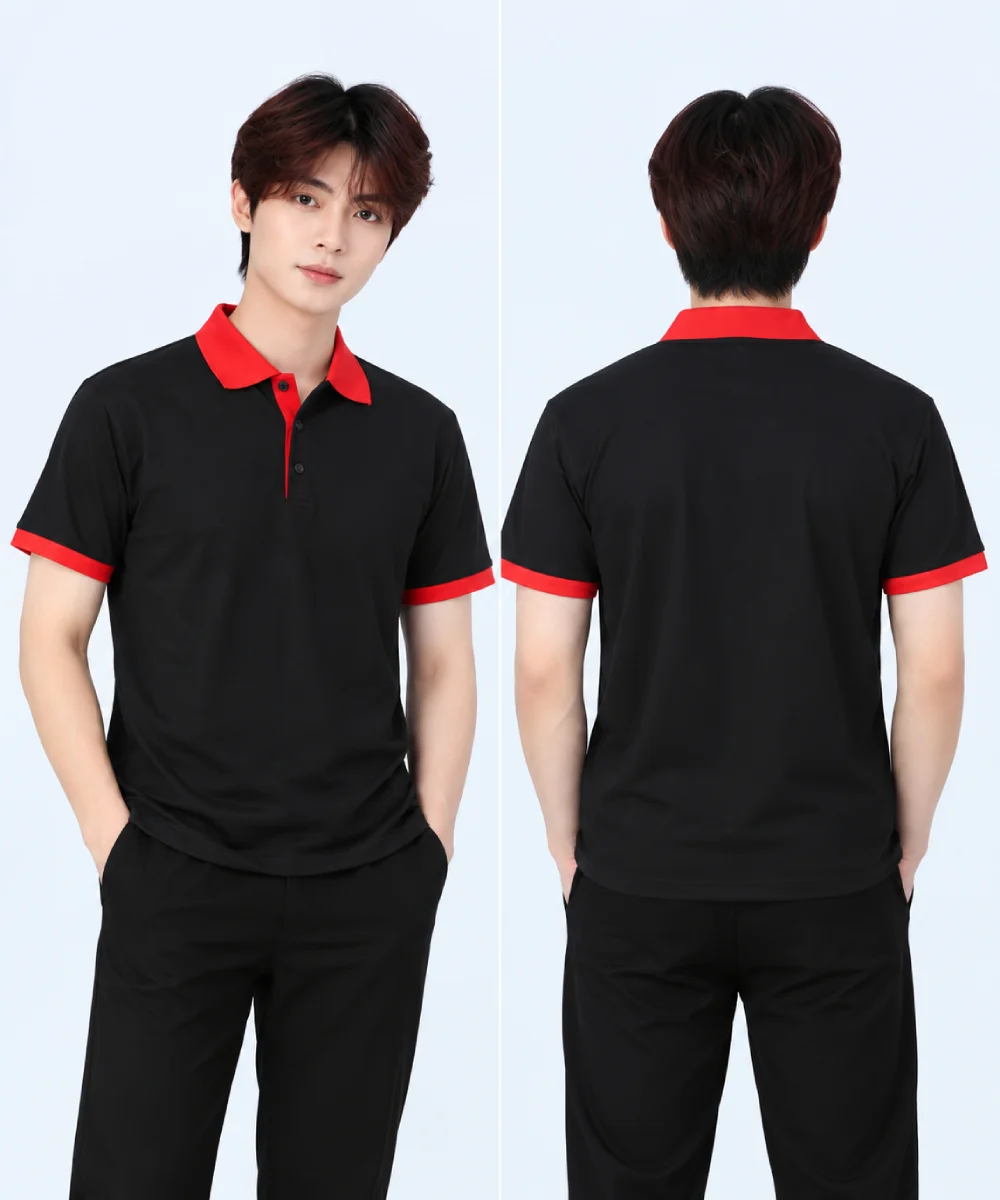 Áo polo may sẵn màu đen phối đỏ