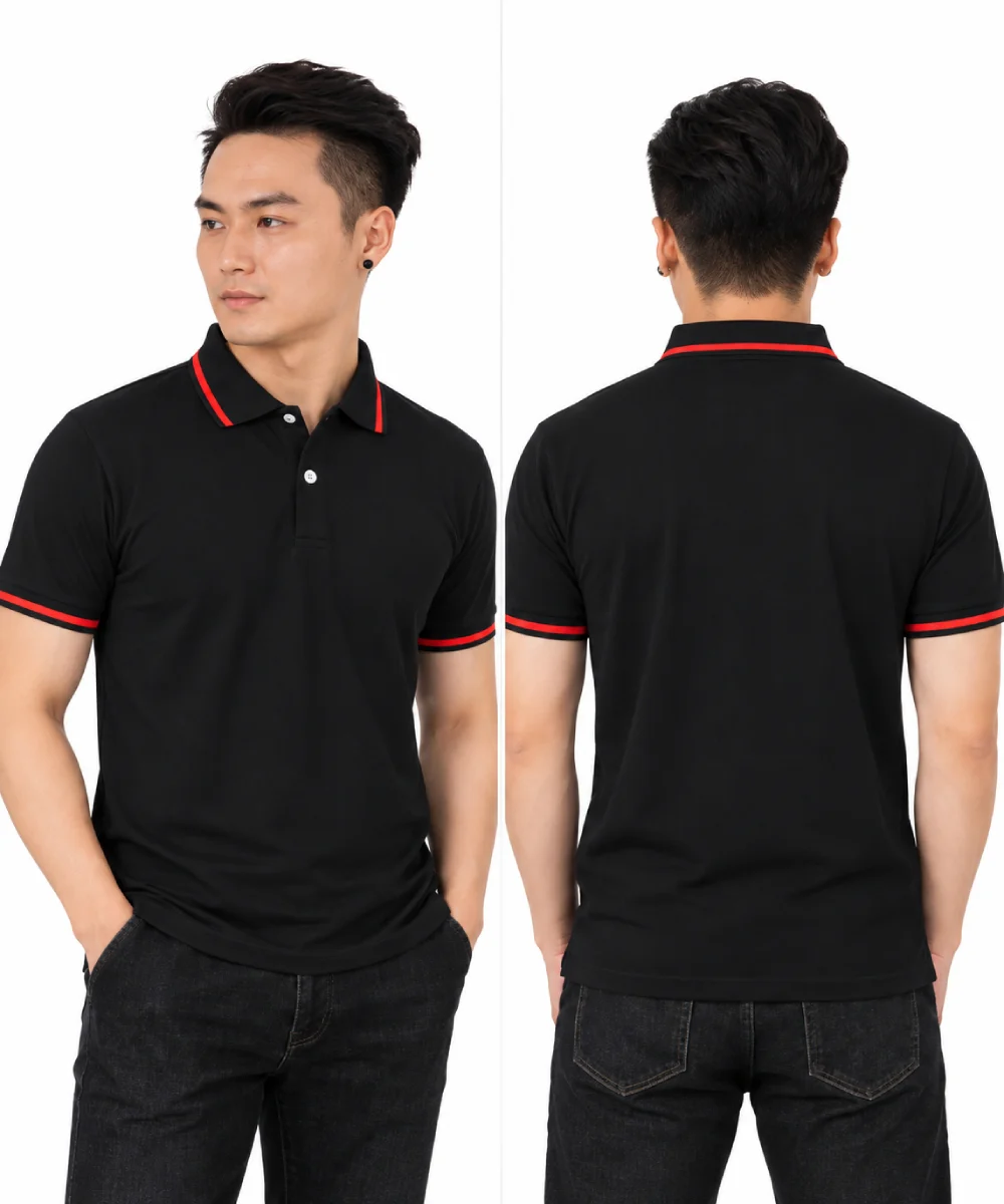 Áo polo may sẵn màu đen viền đỏ