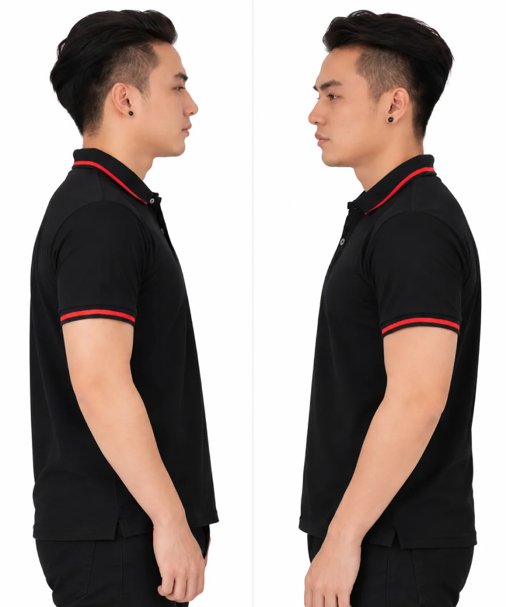 Áo polo may sẵn màu đen viền đỏ