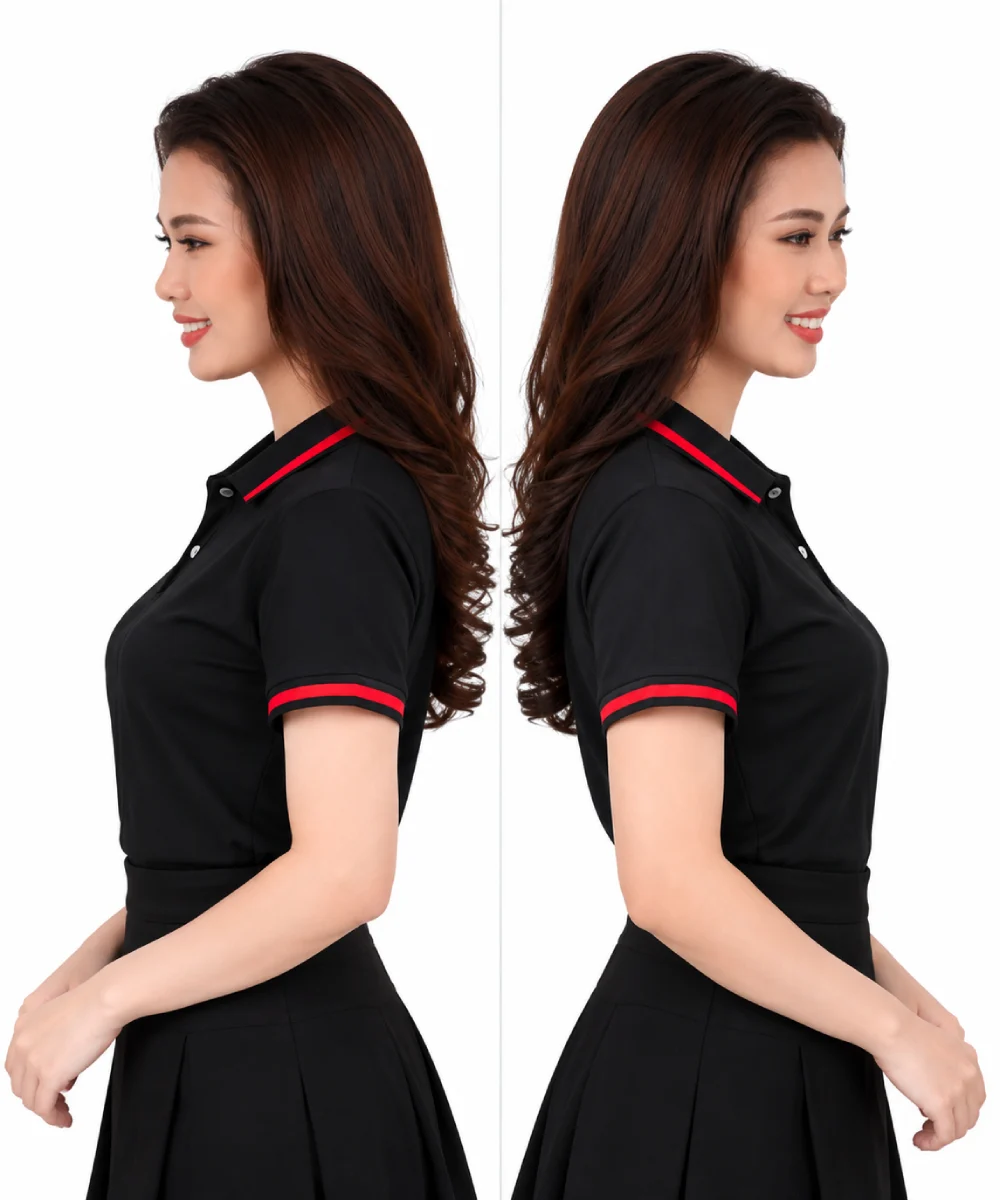 Áo polo may sẵn màu đen viền đỏ