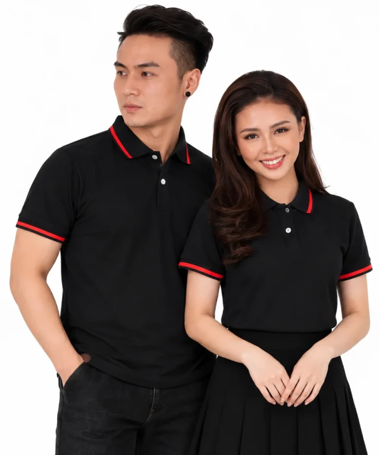 Áo polo may sẵn màu đen viền đỏ
