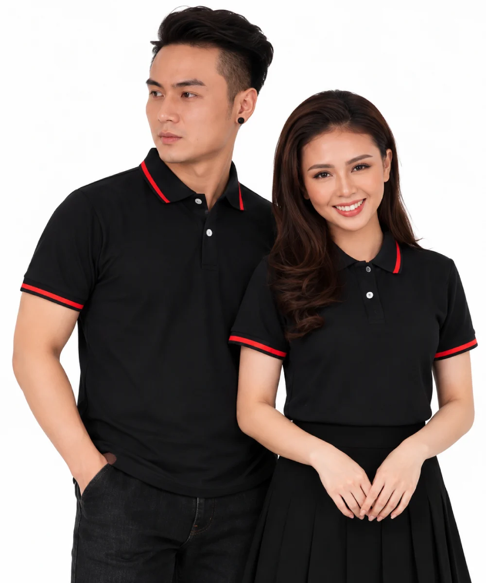 Áo polo may sẵn màu đen viền đỏ