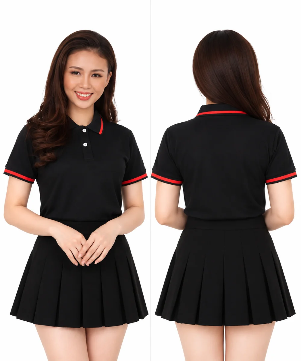 Áo polo may sẵn màu đen viền đỏ