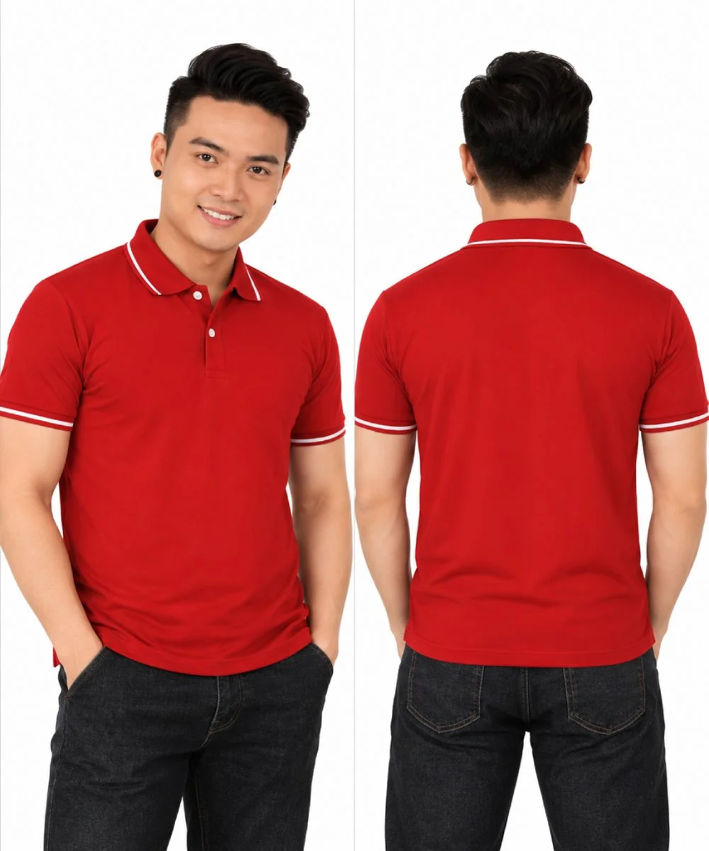 Áo polo may sẵn màu đỏ đô viền trắng