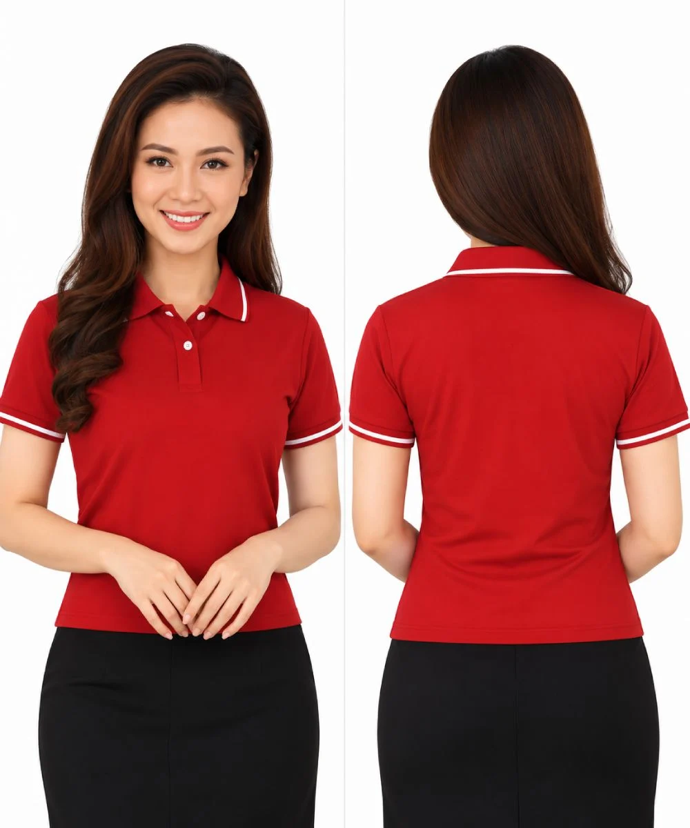 Áo polo may sẵn màu đỏ đô viền trắng