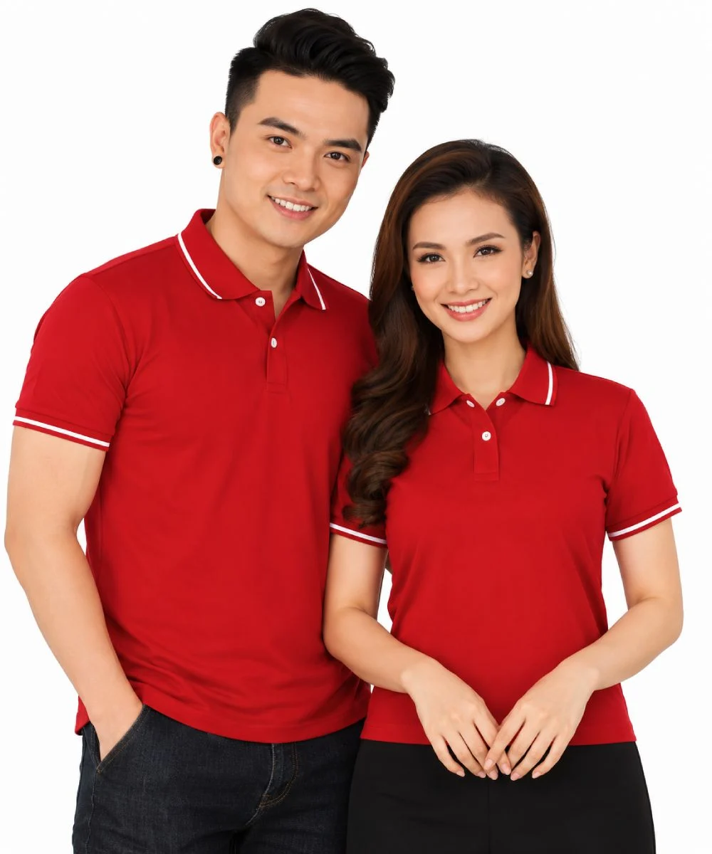 Áo polo may sẵn màu đỏ đô viền trắng