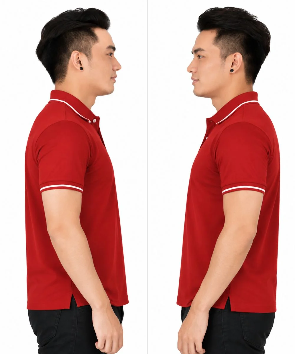 Áo polo may sẵn màu đỏ đô viền trắng