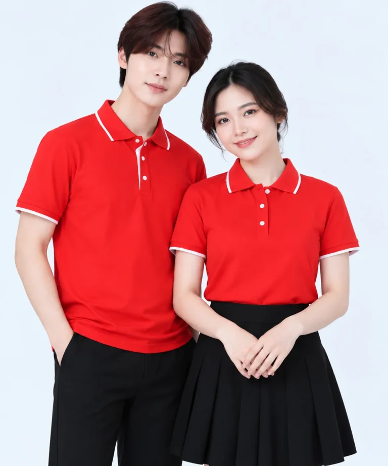 Áo polo may sẵn màu đỏ viền trắng