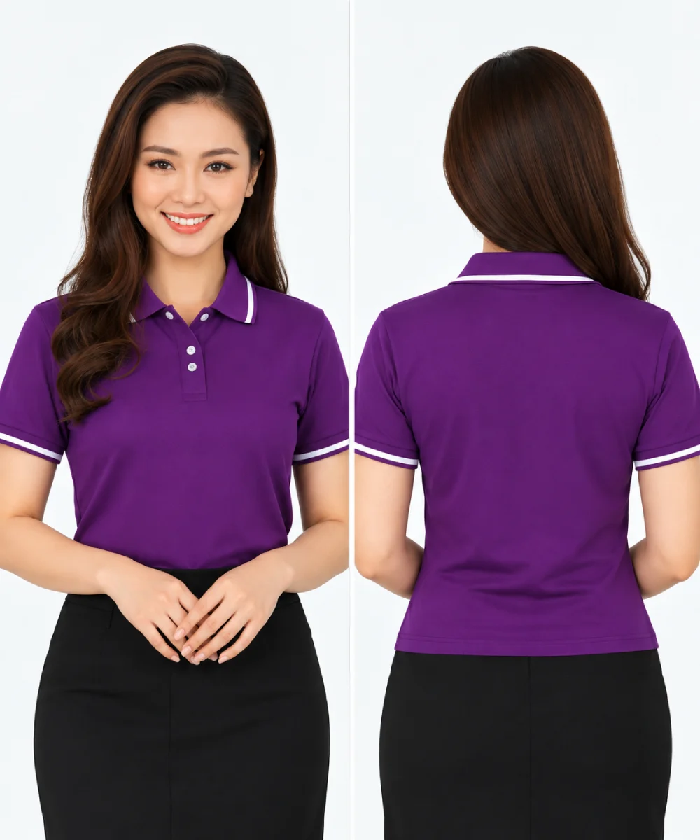 Áo polo may sẵn màu tím viền trắng