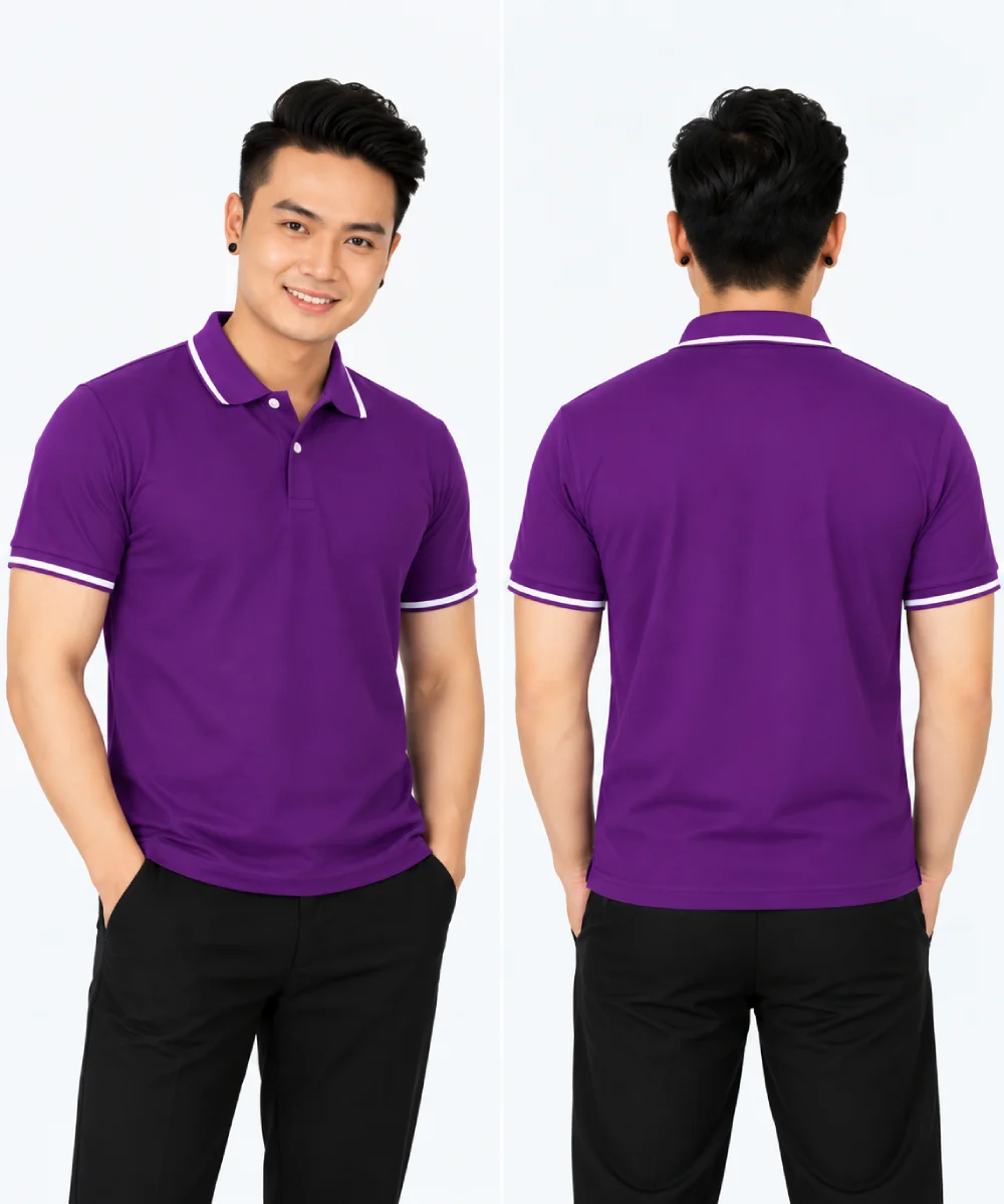 Áo polo may sẵn màu tím viền trắng