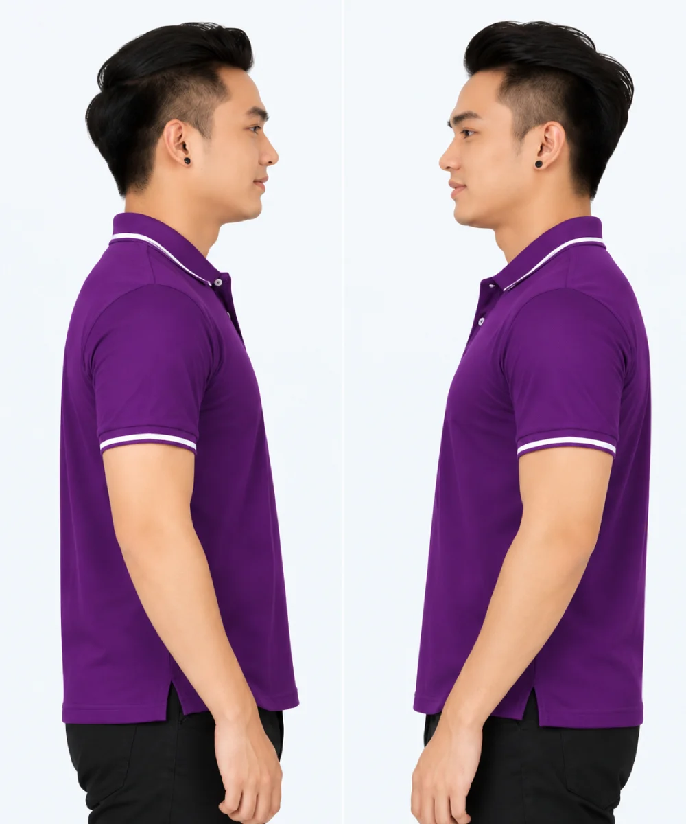 Áo polo may sẵn màu tím viền trắng
