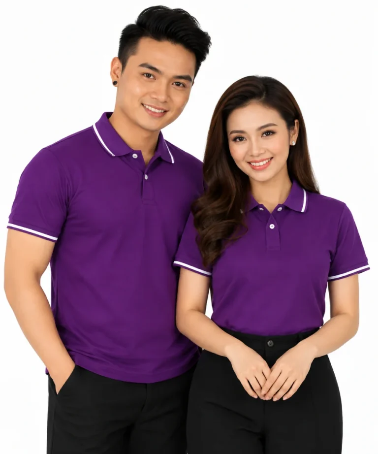 Áo polo may sẵn màu tím viền trắng