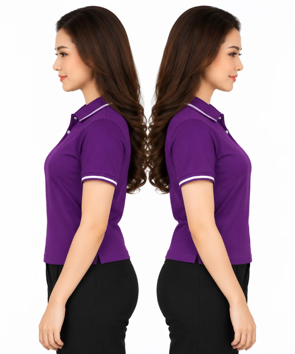 Áo polo may sẵn màu tím viền trắng