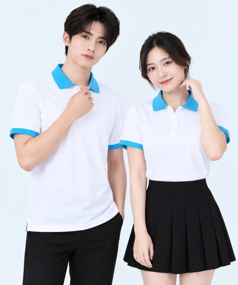 Áo polo may sẵn màu trắng phối xanh da trời
