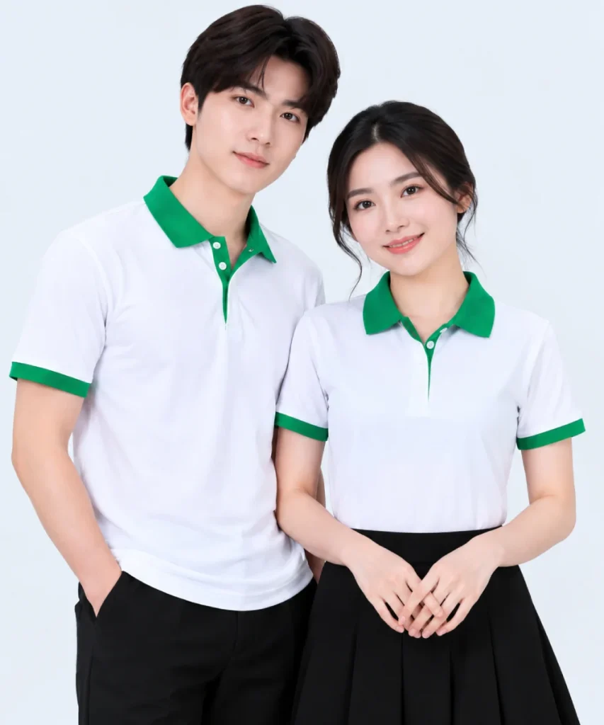 Áo polo may sẵn màu trắng phối xanh lá