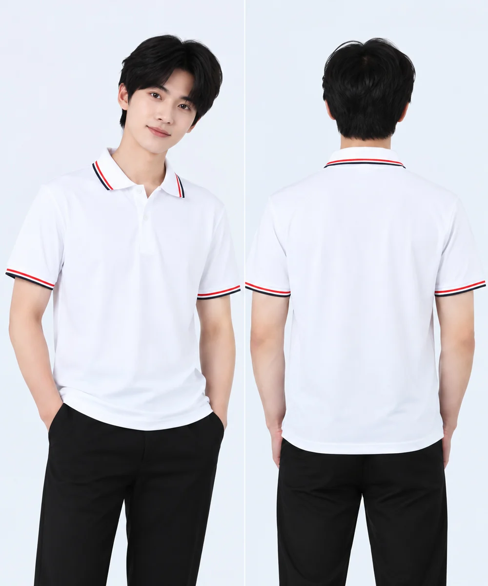 Áo polo may sẵn màu trắng viền đen đỏ