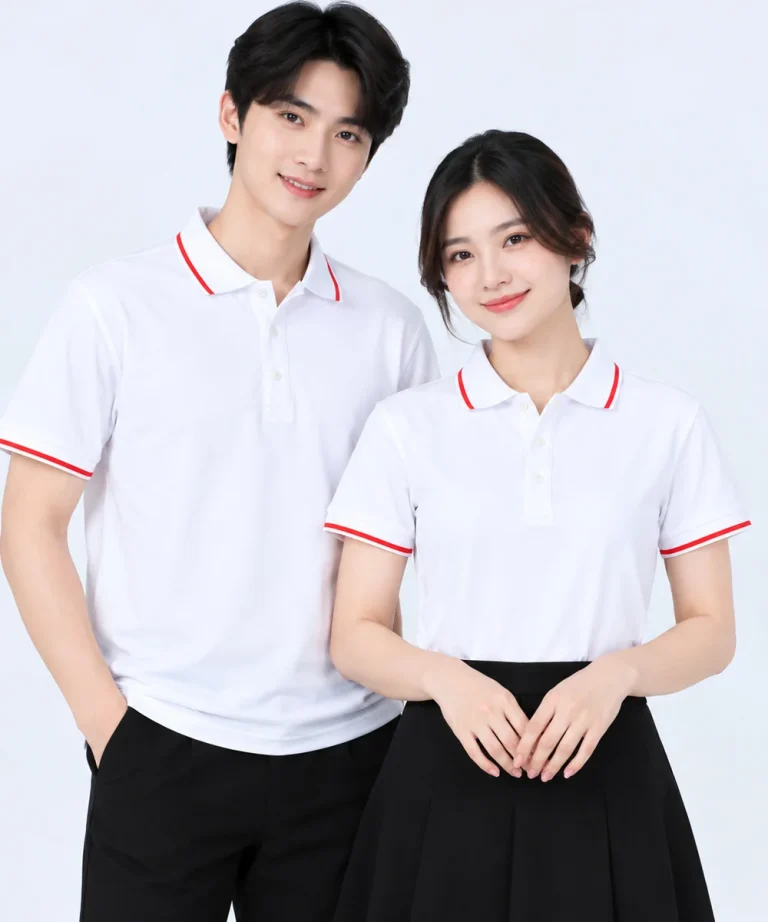Áo polo may sẵn màu trắng viền đỏ