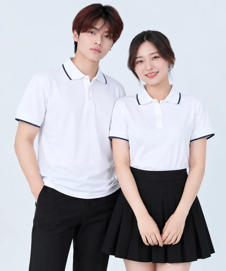 Áo polo may sẵn màu trắng viền xanh đen