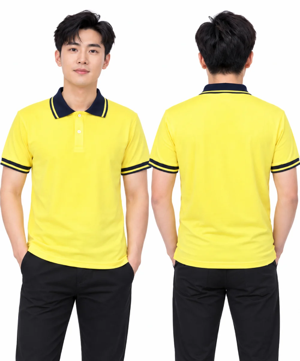 Áo polo may sẵn màu vàng phối xanh đen