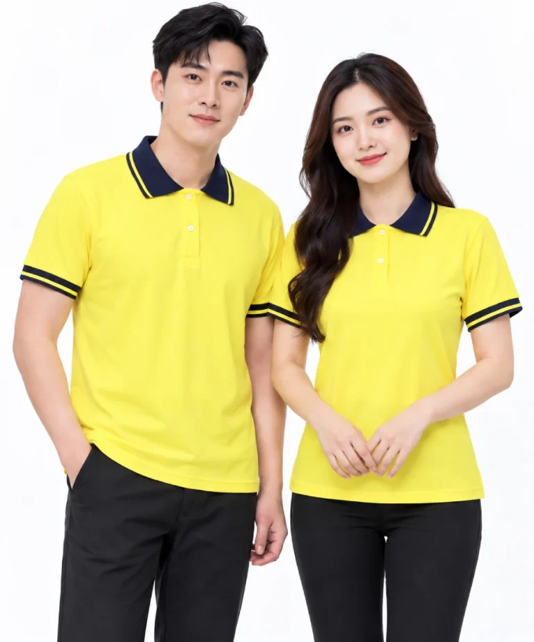 Áo polo may sẵn màu vàng phối xanh đen