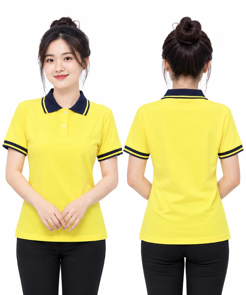Áo polo may sẵn màu vàng phối xanh đen