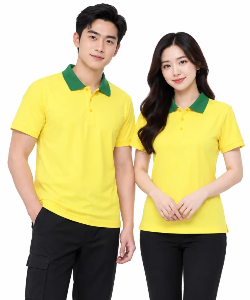 Áo polo may sẵn màu vàng phối xanh lá cây