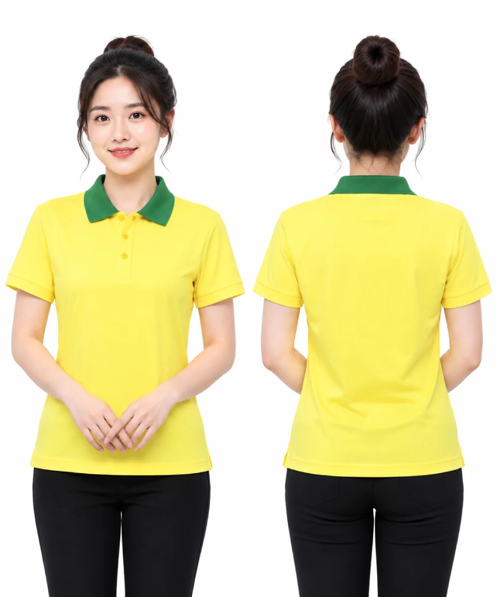 Áo polo may sẵn màu vàng phối xanh lá cây