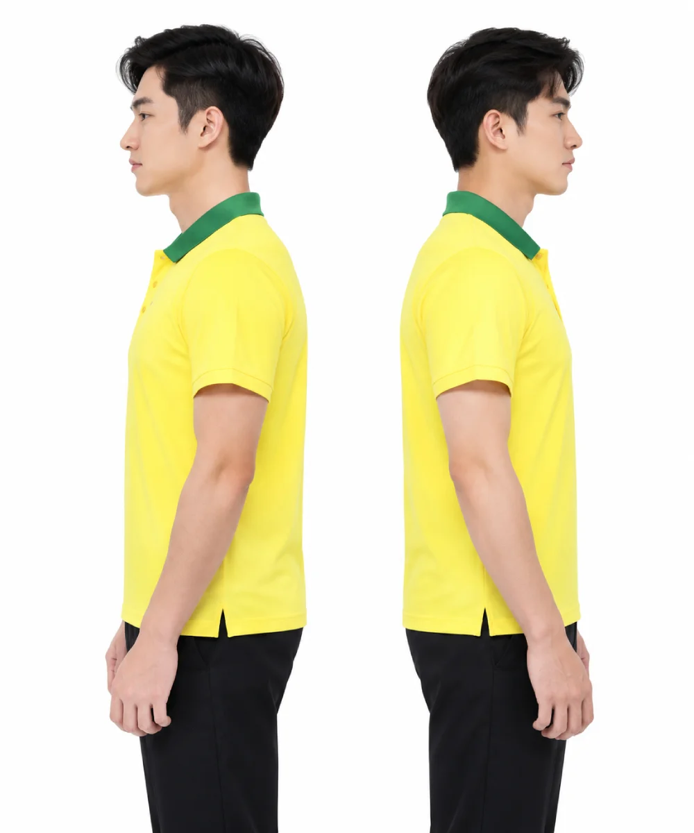 Áo polo may sẵn màu vàng phối xanh lá cây