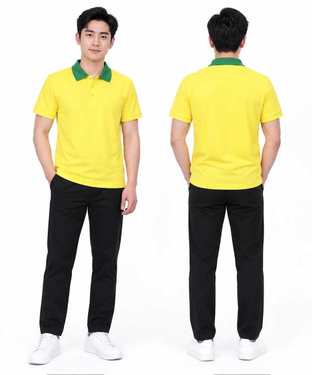 Áo polo may sẵn màu vàng phối xanh lá cây