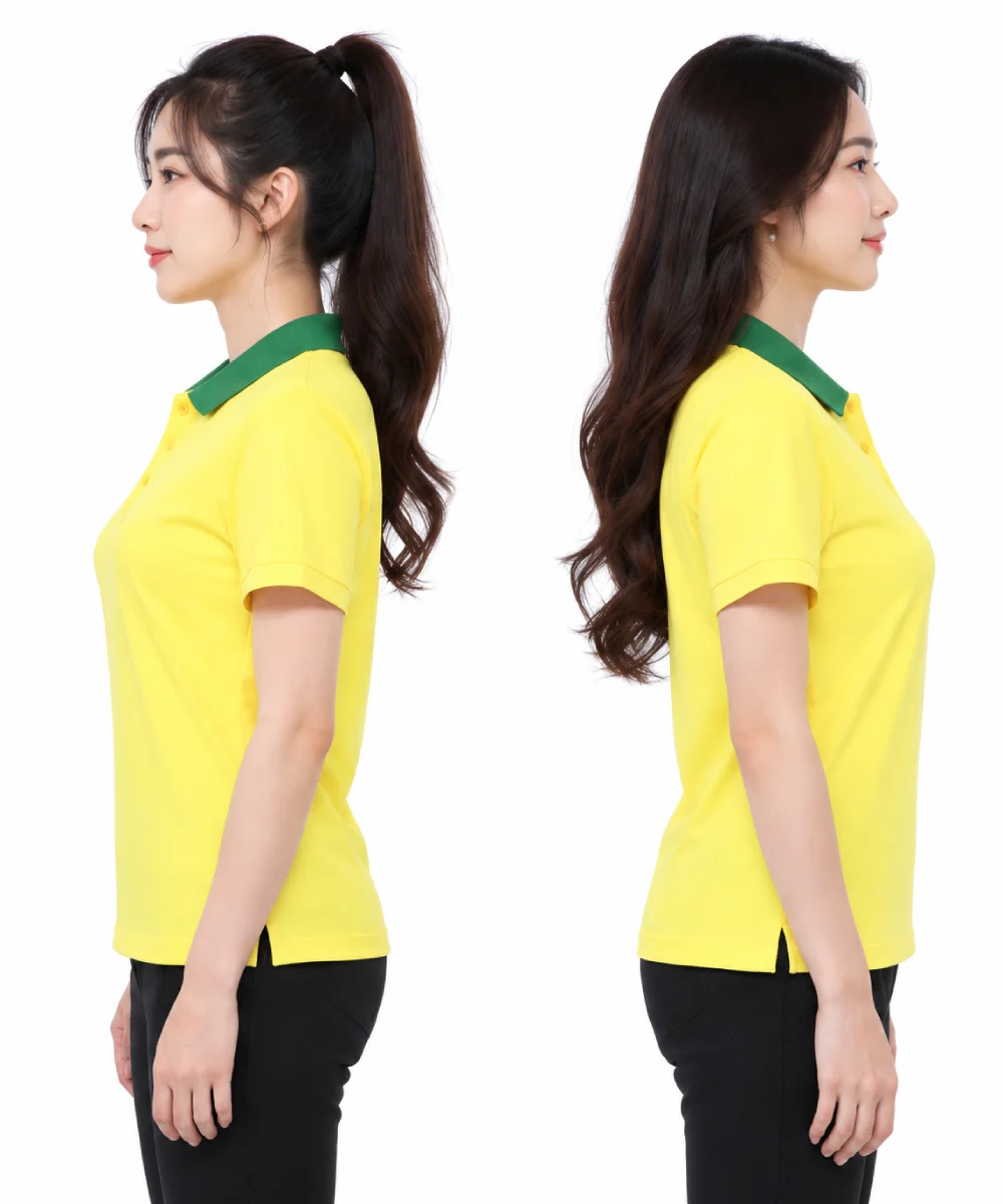 Áo polo may sẵn màu vàng phối xanh lá cây