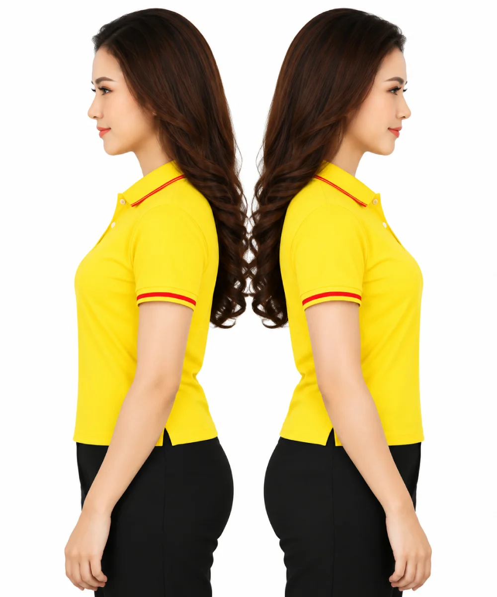 Áo polo may sẵn màu vàng viền đỏ