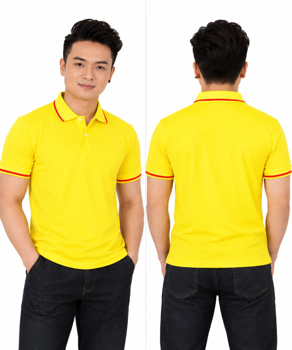 Áo polo may sẵn màu vàng viền đỏ