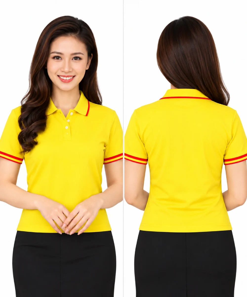 Áo polo may sẵn màu vàng viền đỏ