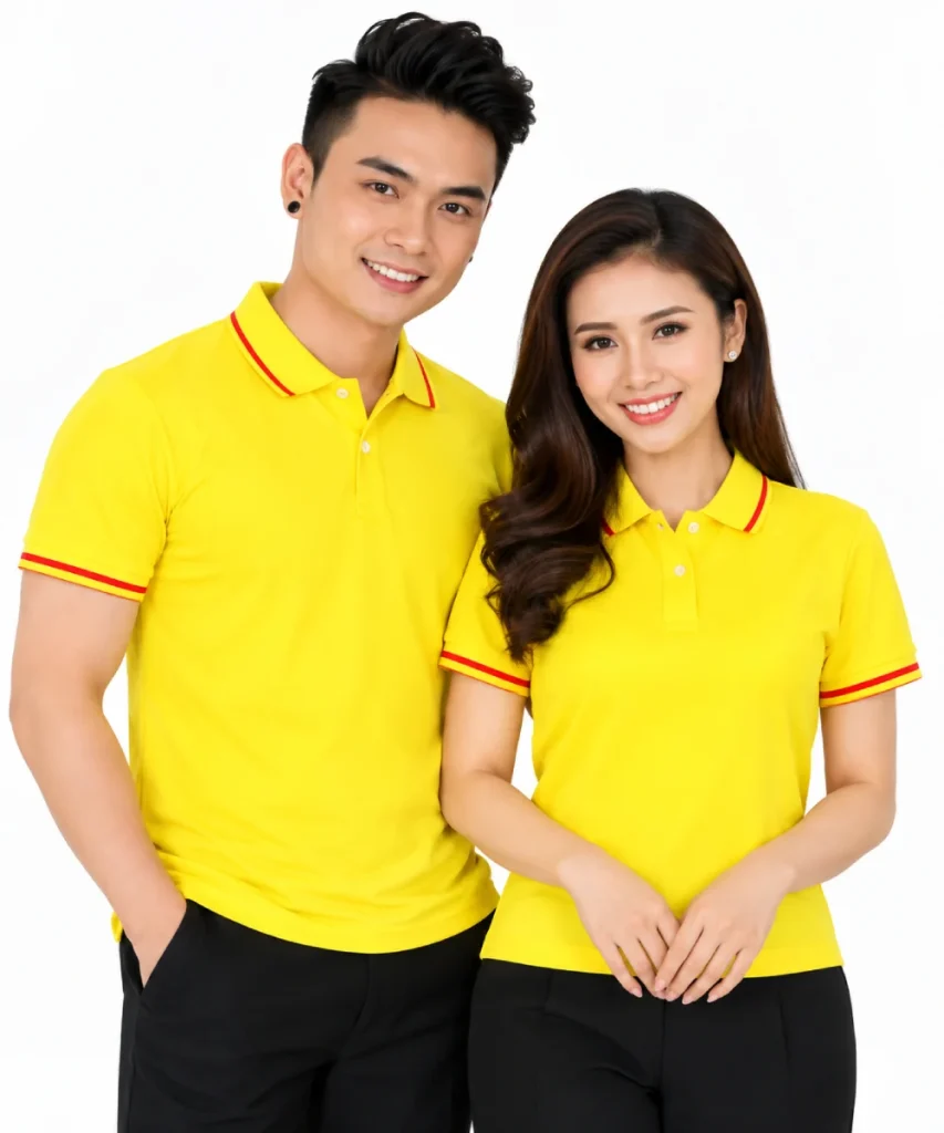 Áo polo may sẵn màu vàng viền đỏ