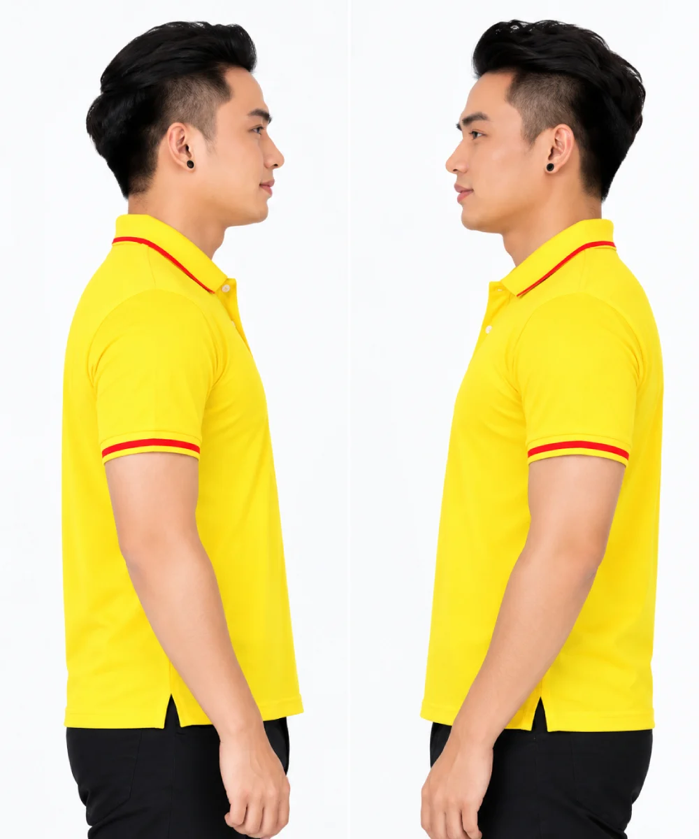 Áo polo may sẵn màu vàng viền đỏ