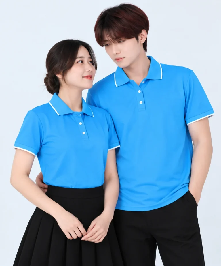 Áo polo may sẵn màu xanh YA viền trắng