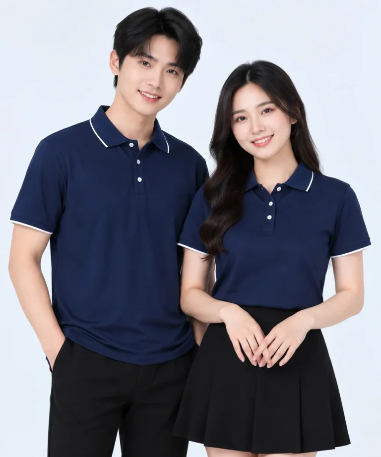 Áo polo may sẵn màu xanh đen viền trắng