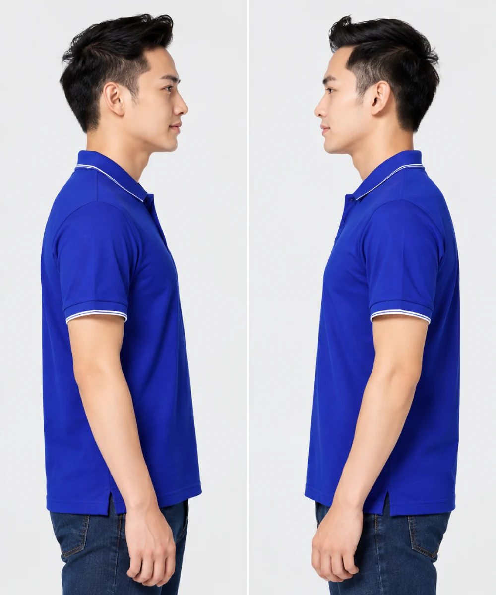 Áo polo may sẵn màu xanh dương viền trắng