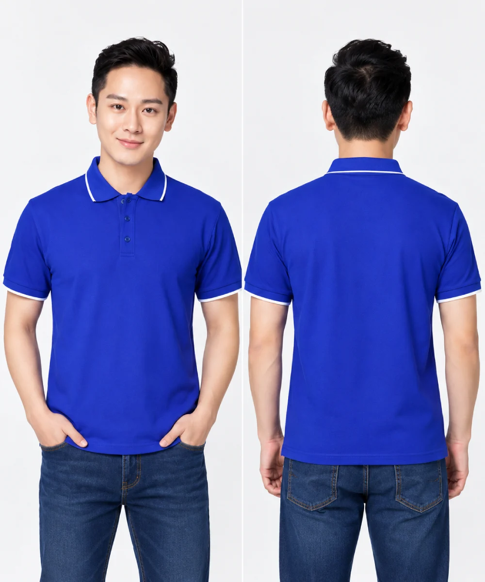 Áo polo may sẵn màu xanh dương viền trắng