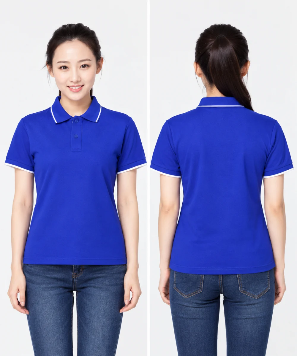Áo polo may sẵn màu xanh dương viền trắng