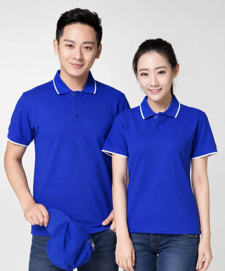Áo polo may sẵn màu xanh dương viền trắng