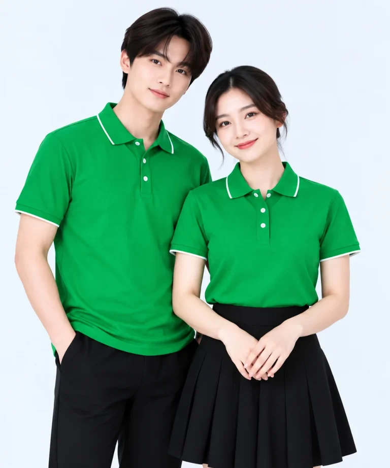 Áo polo may sẵn màu xanh lá cây viền trắng