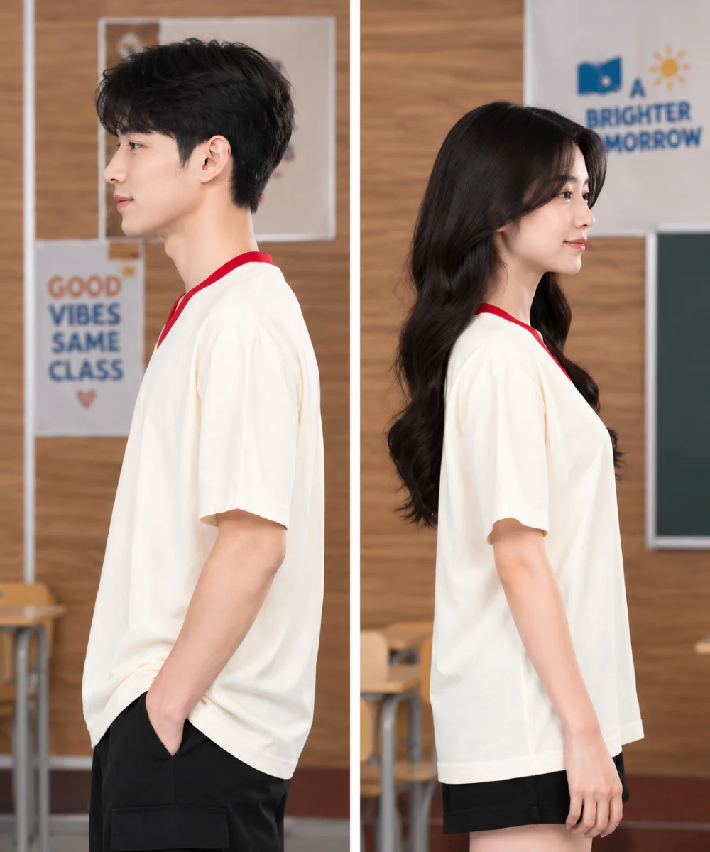Áo thun đồng phục Lớp oversize cổ tim màu kem viền cổ đỏ