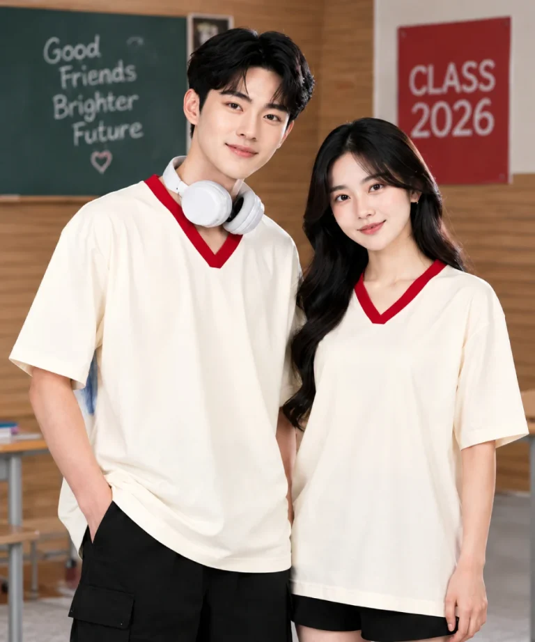 Áo thun đồng phục Lớp oversize cổ tim màu kem viền cổ đỏ
