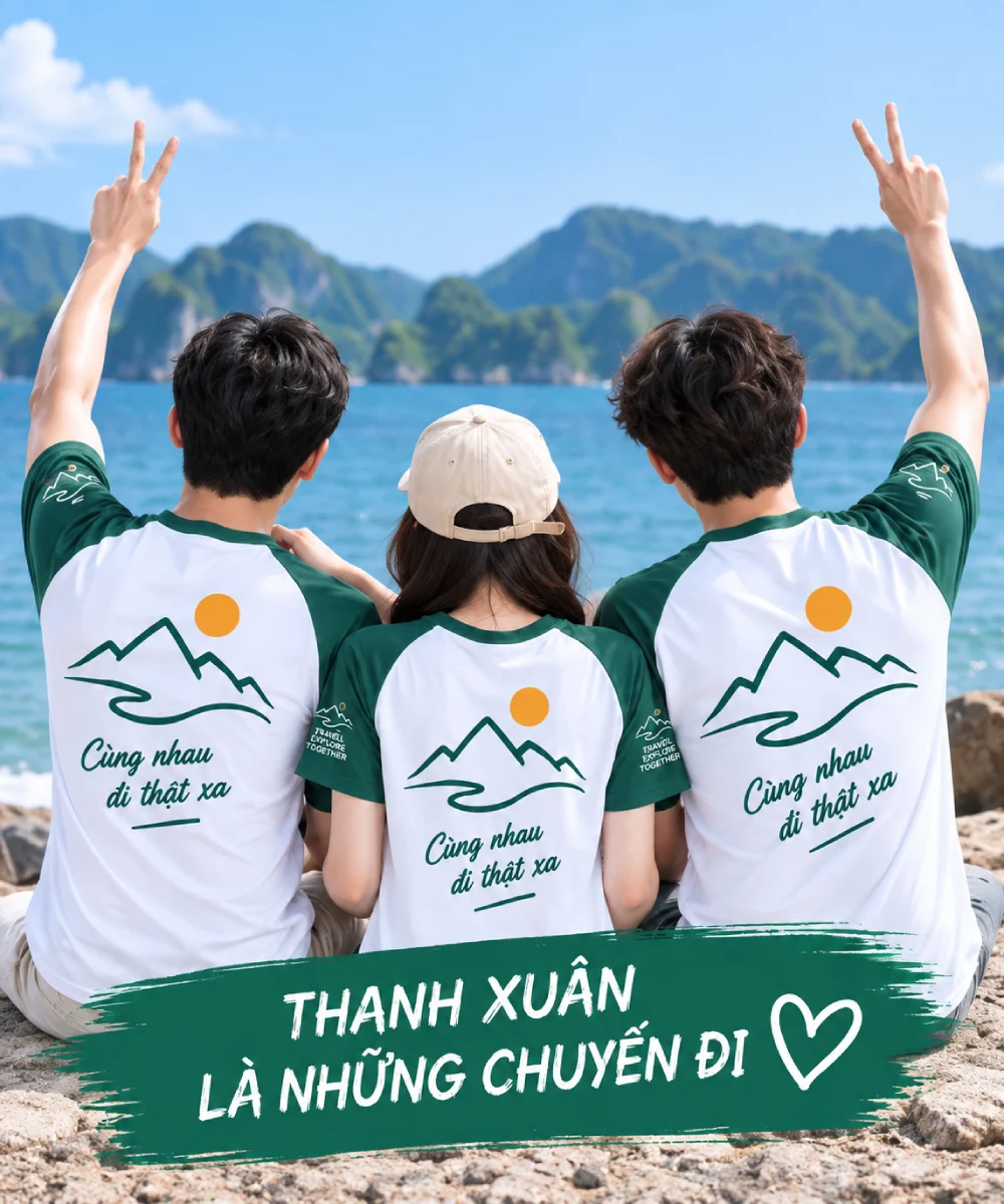 Áo thun du lịch màu trắng phối xanh lá đơn giản